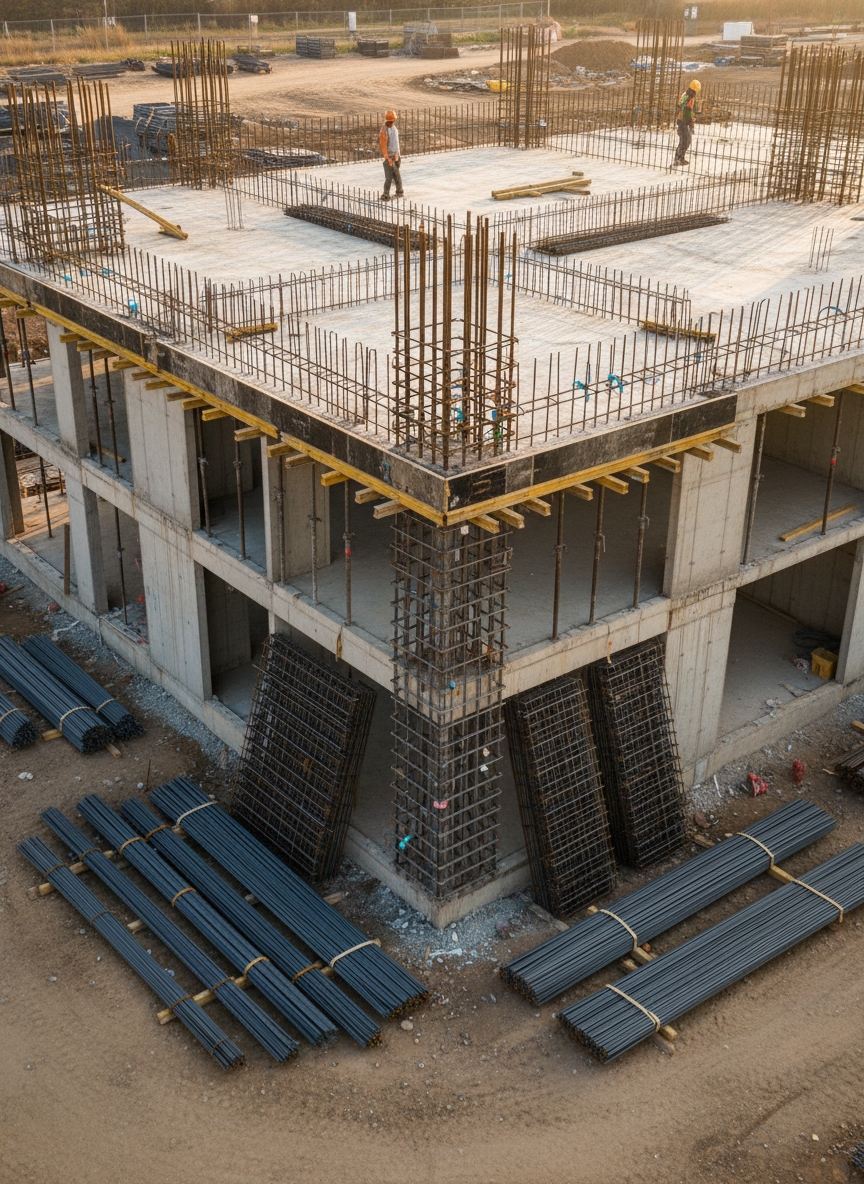 An expansive photographic view of a modern construction site featuring a partially completed reinforced concrete structure, with exposed steel rebar grids rising from freshly cast slabs. Thick vertical and horizontal ferro e aço bars form precise cages around column bases, tied with wire and spaced with care, illustrating structural integrity. The site is surrounded by stacks of straight, rust-free steel bars and neatly arranged metal mesh panels. Warm late-afternoon sunlight casts long, defined shadows, highlighting the geometry of the steel. Captured from a slightly elevated wide-angle perspective, with sharp focus across the frame. The atmosphere is dynamic yet orderly, conveying large-scale residential and commercial obra in progress with professional planning and quality materials.