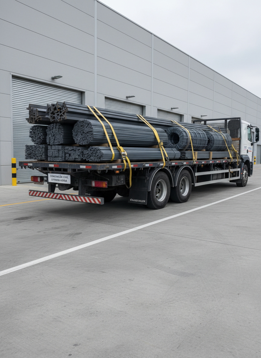 A realistic photographic image of a flatbed truck parked in front of a contemporary warehouse, fully loaded with neatly aligned bundles of ferro e aço rebar, steel mesh rolls, and structural profiles, all secured with heavy straps. The metal surfaces are clean, dark gray with a subtle satin finish, reflecting hints of the sky. Soft, bright daylight from an overcast sky provides even lighting and minimal shadows, emphasizing clarity and detail. The warehouse façade behind is modern and minimal, with large loading doors and a clean concrete yard, suggesting organized operations and rápida entrega. Shot from a three-quarter low angle, the composition emphasizes the truck’s load and readiness to depart, conveying reliability and speed in material distribution for construction works.