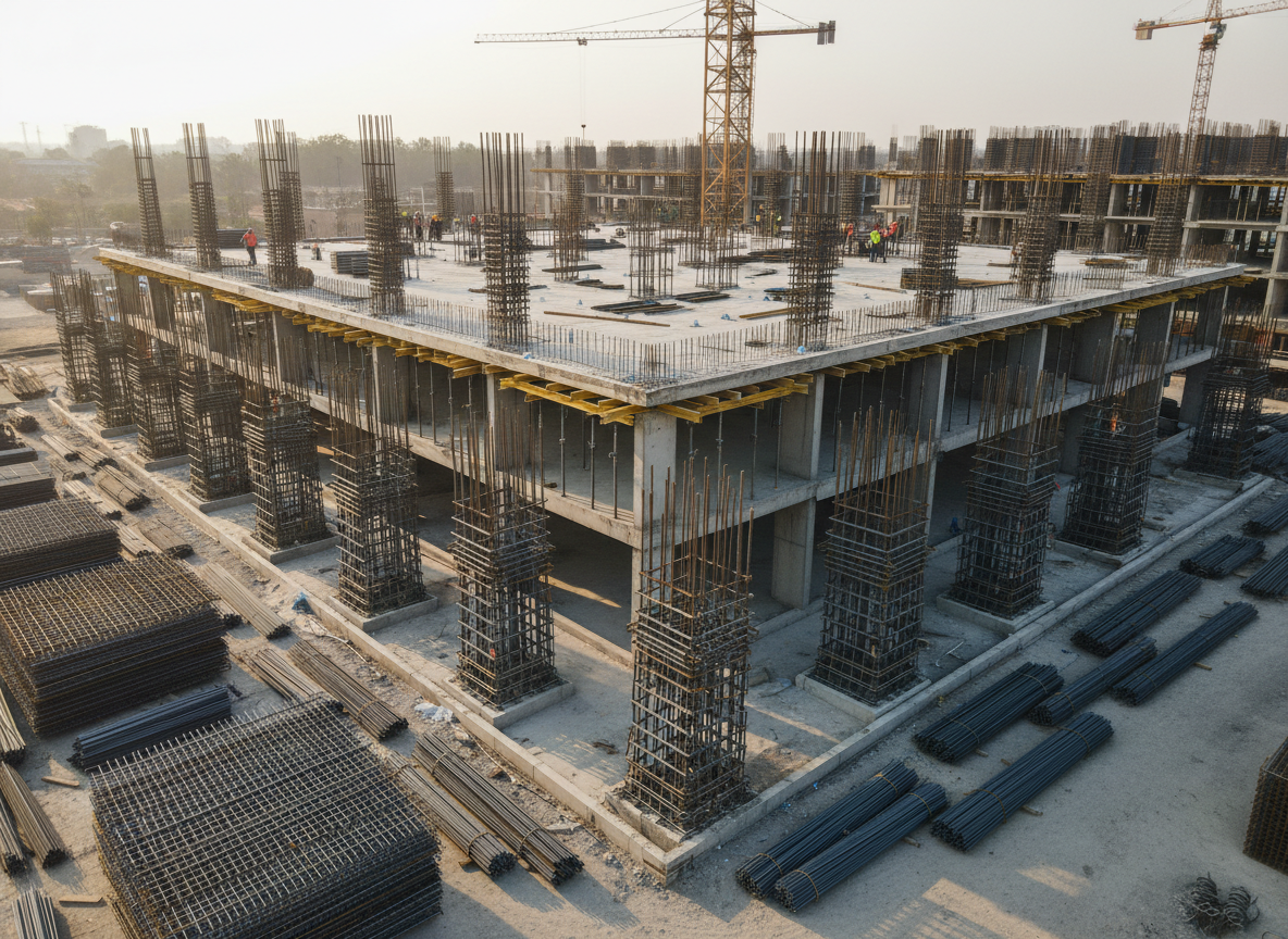 An expansive photographic view of a modern construction site featuring a partially completed reinforced concrete structure, with exposed steel rebar grids rising from freshly cast slabs. Thick vertical and horizontal ferro e aço bars form precise cages around column bases, tied with wire and spaced with care, illustrating structural integrity. The site is surrounded by stacks of straight, rust-free steel bars and neatly arranged metal mesh panels. Warm late-afternoon sunlight casts long, defined shadows, highlighting the geometry of the steel. Captured from a slightly elevated wide-angle perspective, with sharp focus across the frame. The atmosphere is dynamic yet orderly, conveying large-scale residential and commercial obra in progress with professional planning and quality materials.