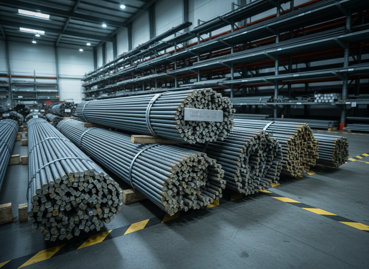 A close-up photographic image of neatly stacked steel rebar bundles in different diameters, their ribbed surfaces clean and slightly reflective, showcasing high-quality ferro e aço for construção civil. The bars are strapped on a warehouse floor with painted safety markings and organized metal racks receding into the background. Cool, diffused industrial lighting from overhead fixtures creates crisp highlights along the rods and soft shadows between them. The mood is professional and efficient, emphasizing organization and reliability. Shot at eye level with a slight diagonal perspective to create depth, everything in sharp focus. The style is realistic and clean, avoiding clutter while clearly evoking a modern metal distribution center specialized in construction materials.