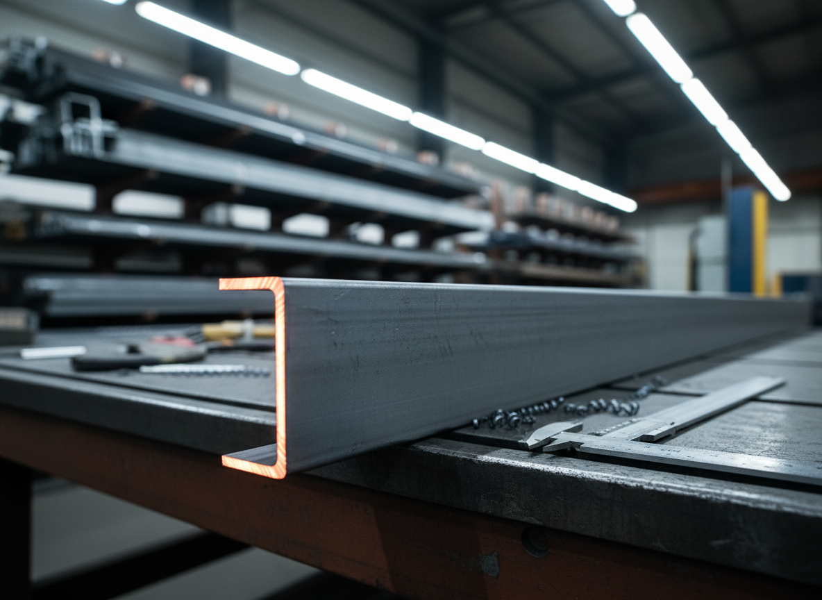 A detailed photographic close-up of a custom-cut steel beam resting on a heavy-duty cutting table, its freshly machined edge clean, smooth, and slightly glowing from a recent cut. Fine metal shavings and precise measuring tools are arranged neatly nearby, indicating careful preparation of ferro e aço components for industrial construction. Cool white workshop lighting from above reveals the brushed texture of the metal surface and subtle reflections. The background shows blurred silhouettes of additional beams, profiles, and reinforcement bars stored vertically. Shot from a low, angled perspective with shallow depth of field, focusing on the exactness of the cut edge. The mood is technical, precise, and highly professional, emphasizing quality workmanship and material accuracy.