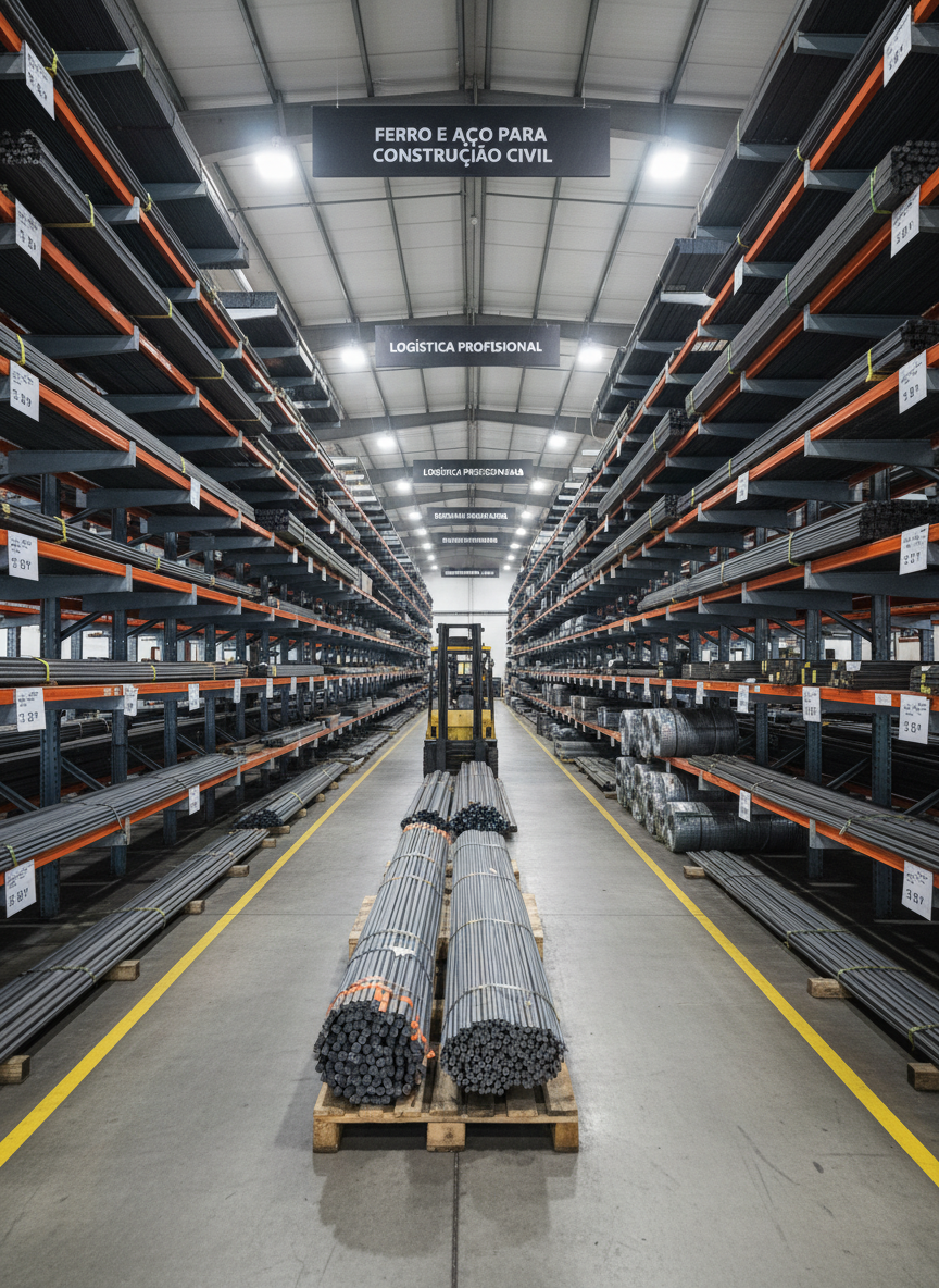 A meticulously organized photographic scene inside a metal distribution warehouse dedicated to ferro e aço para construção civil. Multiple rows of labeled racks hold straight rebars, steel profiles, and wire meshes, all clean and uniformly stacked. In the foreground, a pallet of bundled steel bars is ready for fast delivery, with protective end caps and secure strapping. Neutral industrial lighting from high-bay fixtures creates an even, shadowed ambiance, highlighting the metallic sheen without harsh glare. Captured from a central aisle, eye-level composition with strong leading lines drawing the eye toward the back, suggesting scale and capacity. The mood is trustworthy and efficient, reinforcing the idea of quick atendimento and professional logistics for obras residenciais, comerciais e industriais.