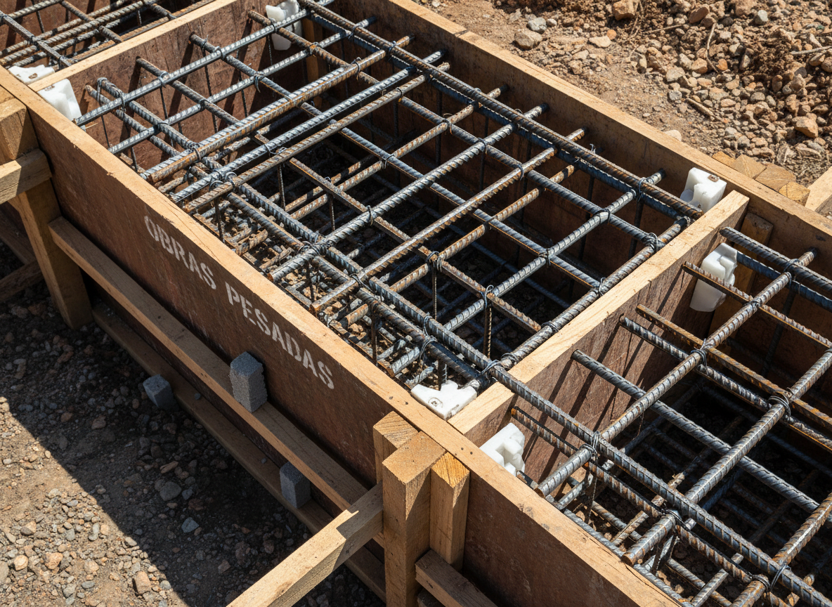 A high-detail photographic close-up of a reinforced concrete foundation formwork before pouring, where dense ferro e aço rebar grids are carefully positioned inside wooden molds. Different diameters of steel bars intersect at precise intervals, tied with metal wire and held by spacers, demonstrating professional structural design for heavy-duty obras. Natural midday sunlight illuminates the metallic surfaces, creating crisp highlights on the ribbed textures and defined shadows between layers. The soil and gravel surrounding the formwork provide a contrasting earthy backdrop. Captured from an overhead three-quarter angle to fully reveal the pattern and complexity, with sharp focus throughout. The mood is technical and robust, showcasing the essential role of quality steel reinforcement in safe, durable construction foundations.