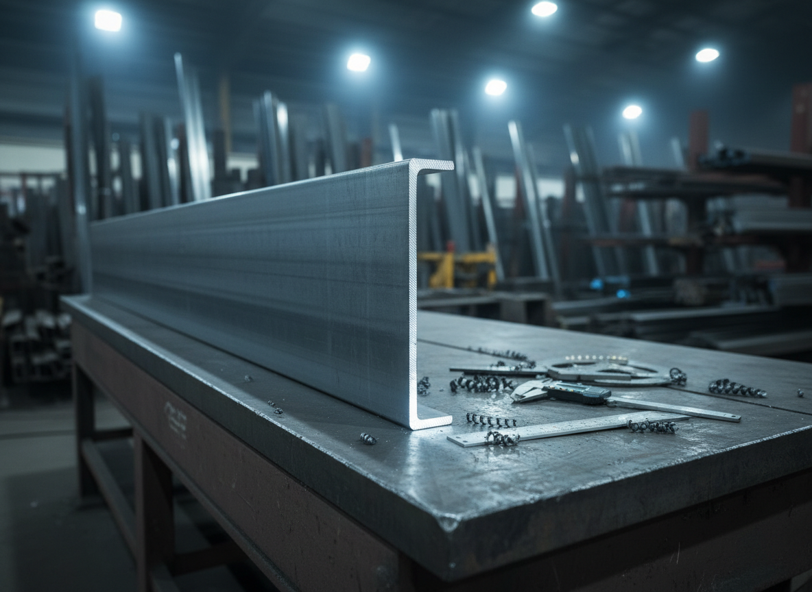 A detailed photographic close-up of a custom-cut steel beam resting on a heavy-duty cutting table, its freshly machined edge clean, smooth, and slightly glowing from a recent cut. Fine metal shavings and precise measuring tools are arranged neatly nearby, indicating careful preparation of ferro e aço components for industrial construction. Cool white workshop lighting from above reveals the brushed texture of the metal surface and subtle reflections. The background shows blurred silhouettes of additional beams, profiles, and reinforcement bars stored vertically. Shot from a low, angled perspective with shallow depth of field, focusing on the exactness of the cut edge. The mood is technical, precise, and highly professional, emphasizing quality workmanship and material accuracy.