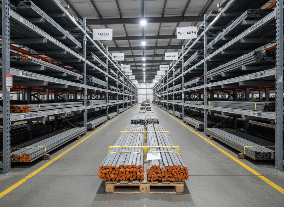 A meticulously organized photographic scene inside a metal distribution warehouse dedicated to ferro e aço para construção civil. Multiple rows of labeled racks hold straight rebars, steel profiles, and wire meshes, all clean and uniformly stacked. In the foreground, a pallet of bundled steel bars is ready for fast delivery, with protective end caps and secure strapping. Neutral industrial lighting from high-bay fixtures creates an even, shadowed ambiance, highlighting the metallic sheen without harsh glare. Captured from a central aisle, eye-level composition with strong leading lines drawing the eye toward the back, suggesting scale and capacity. The mood is trustworthy and efficient, reinforcing the idea of quick atendimento and professional logistics for obras residenciais, comerciais e industriais.